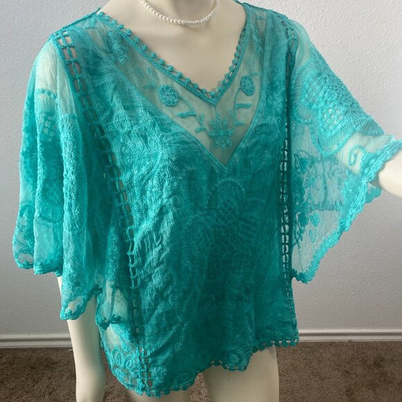 Sapphire Anthropology brand turquoise intricate lace boho top. Sz Large petite. - Picture 3 of 12